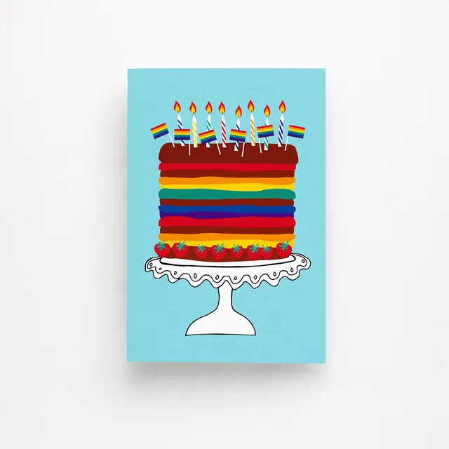 Momento birthday card with a rainbow layer cake and lit candles